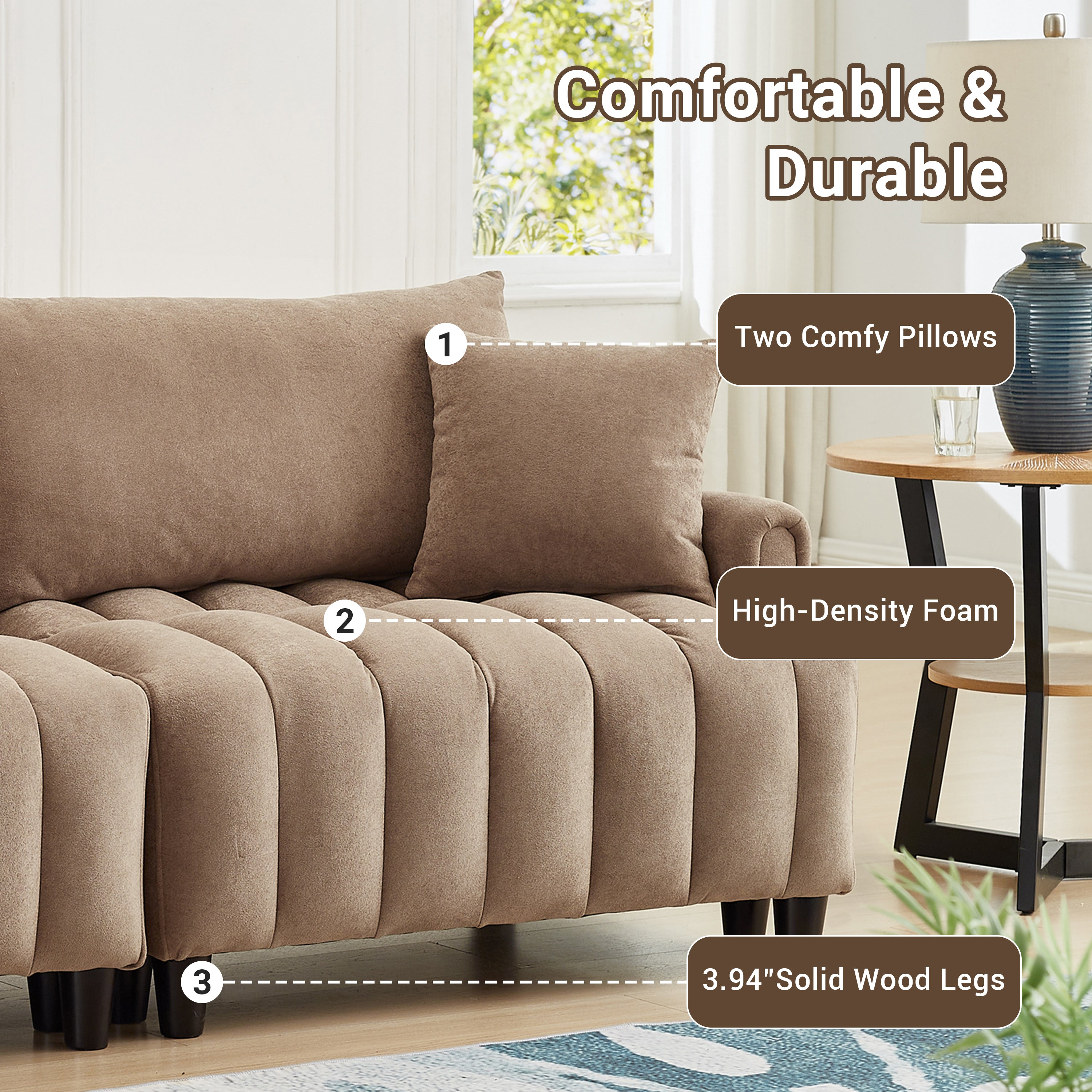 83''  Futon Sofa Bed, Polyester Fabric Comfy Futon Couch Bed with 2 Square Pillows, Convertible Sleeper Sofa with Adjustable Backrest,  Modern Loveseat Sleeper for Living Room, Brown
