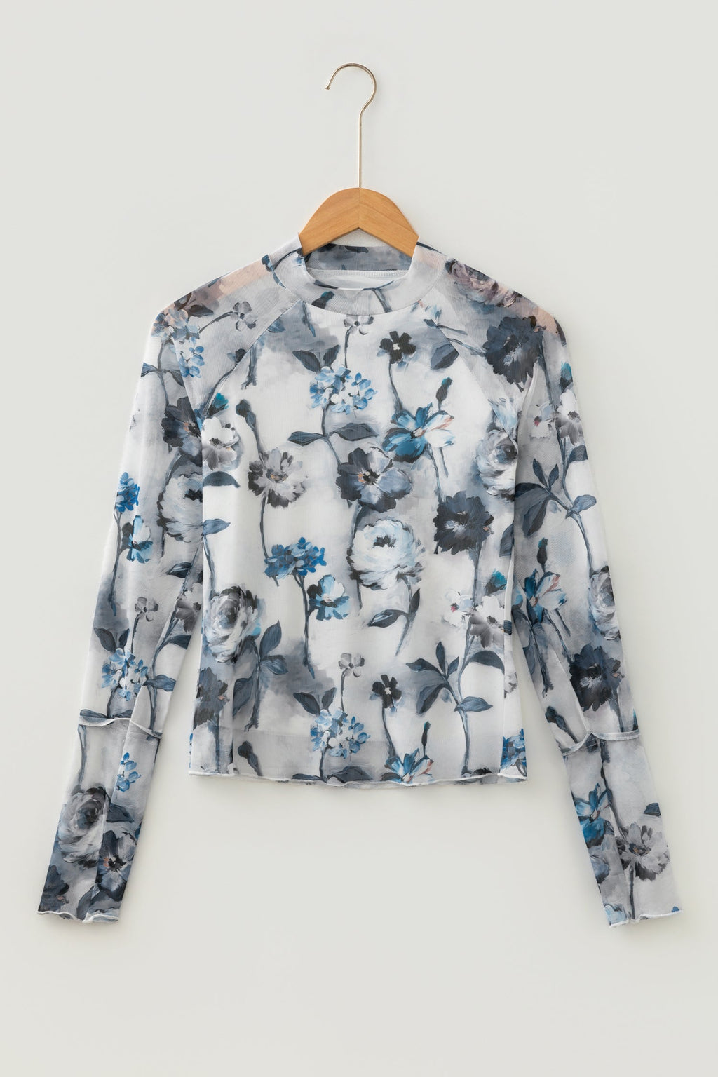 Floral Mesh High Neck Long Sleeve Sheath Top