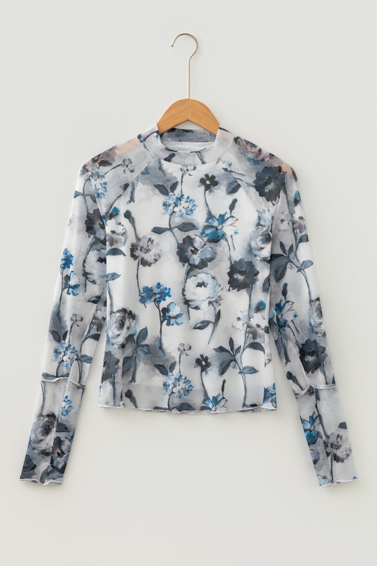 Floral Mesh High Neck Long Sleeve Sheath Top