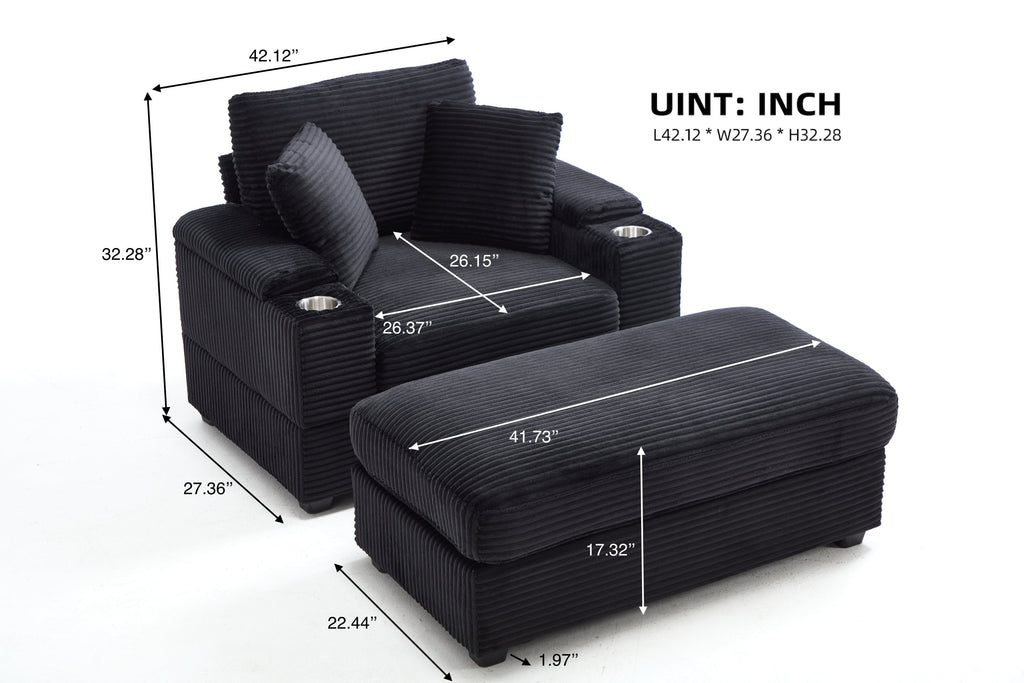 [VIDEO/New]Corduroy Upholstered Chaise Lounge Sofa with Handrail storage,Movable ottoman,Cupholders,Detachable Cushions Deep Seat for Living Room Office,5 colour,Wide stripe corduroy