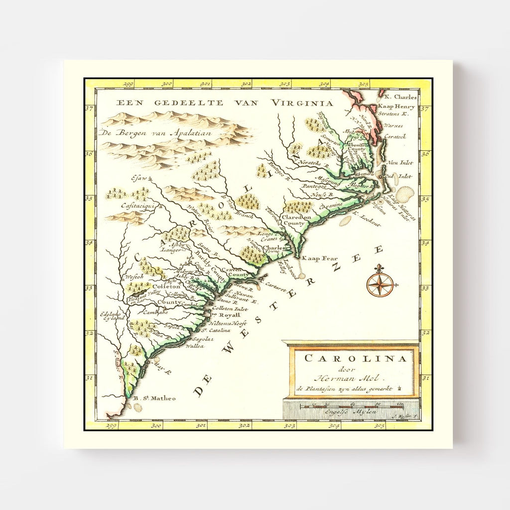 Vintage Map of South Carolina 1721