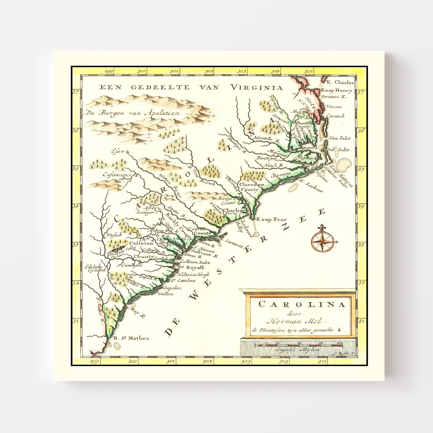 Vintage Map of South Carolina 1721