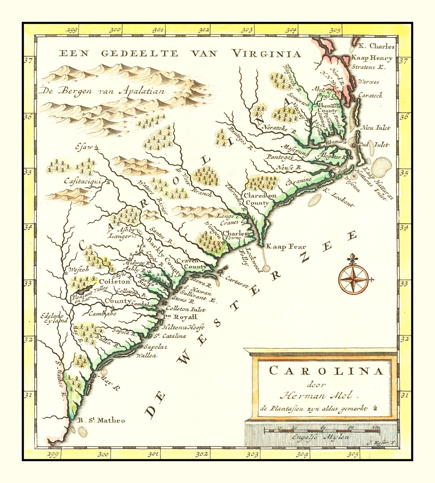 Vintage Map of South Carolina 1721
