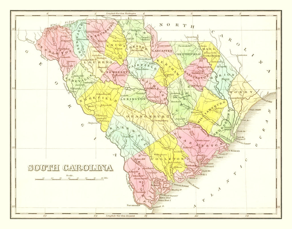 Vintage Map of South Carolina 1824