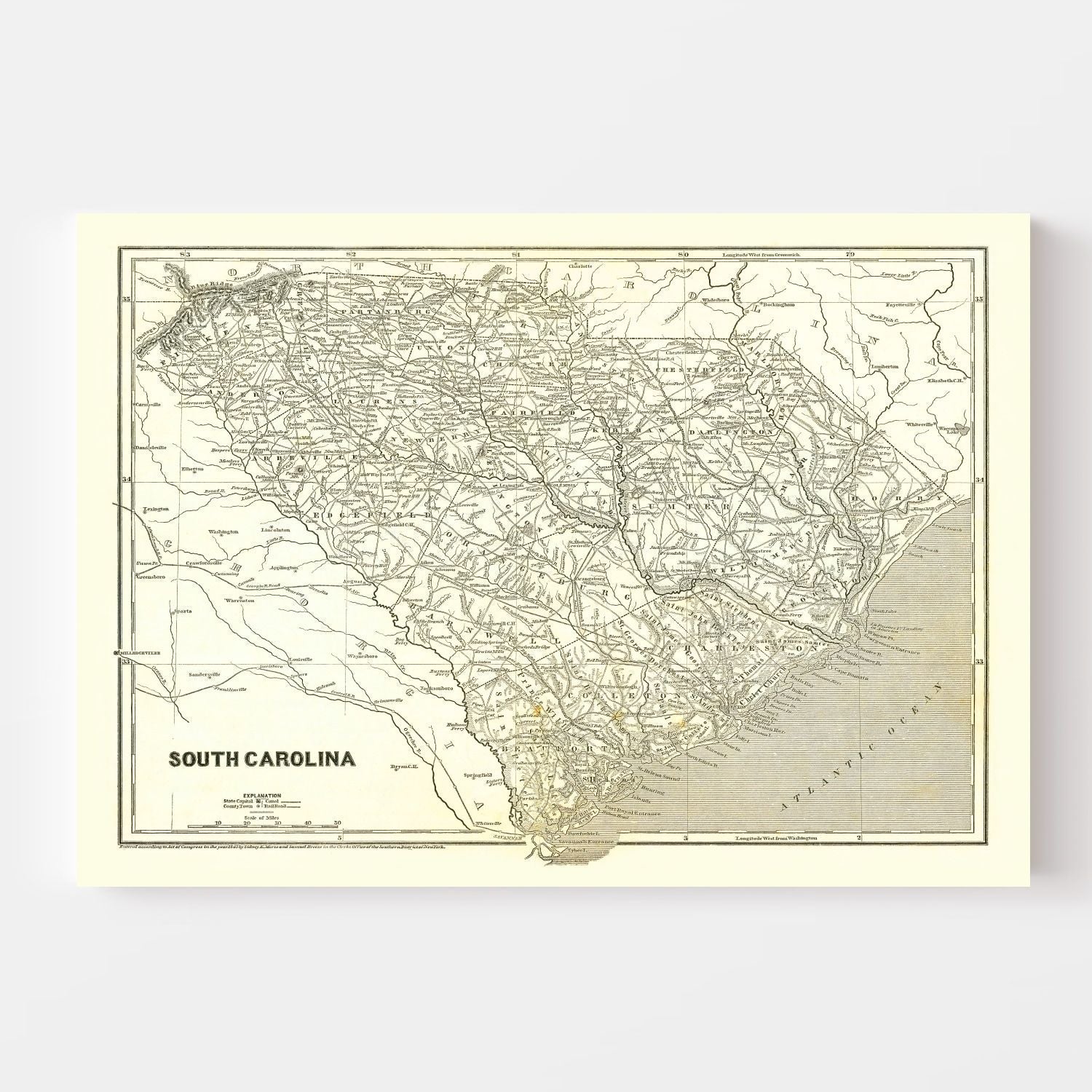 Vintage Map of South Carolina 1843