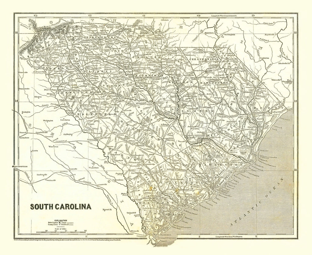 Vintage Map of South Carolina 1843