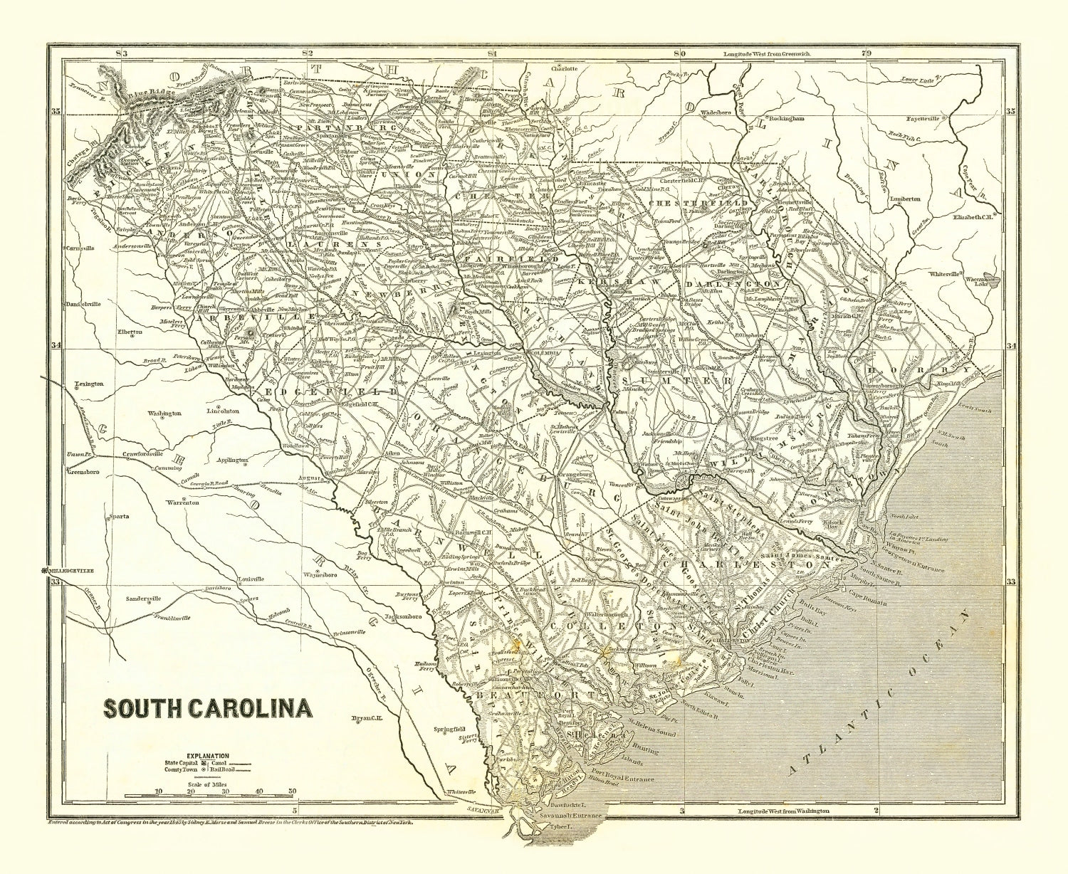 Vintage Map of South Carolina 1843