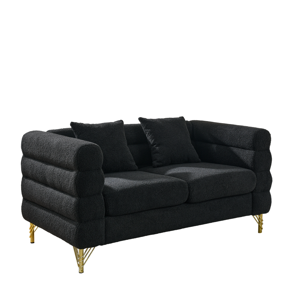 60Inch Oversized 2 Seater Sectional Sofa, Living Room Comfort Fabric Sectional Sofa-Deep Seating Sectional Sofa, Soft Sitting with 2 Pillows for Living Room, Bedroom, Office, Black teddy(W834S00030)