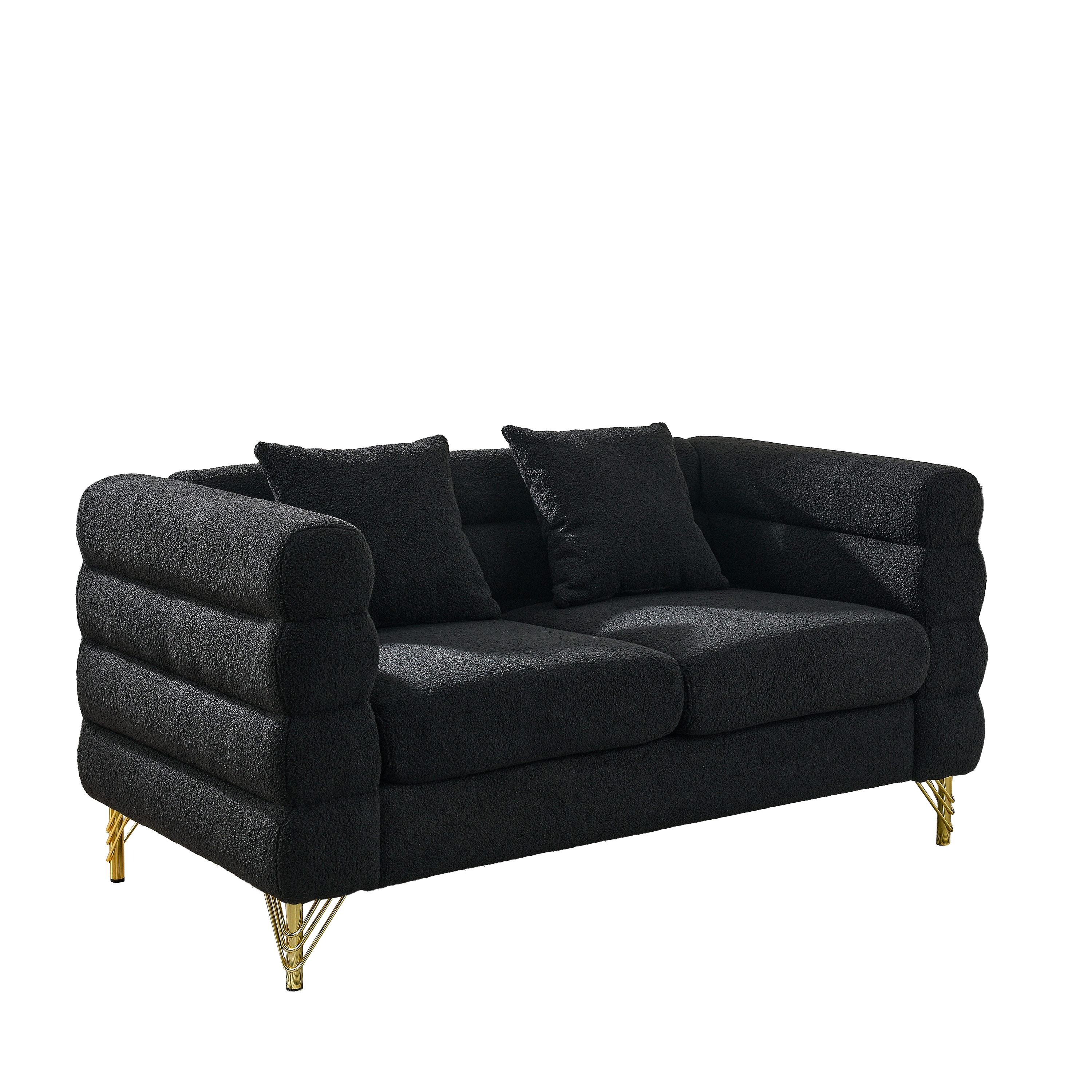 60Inch Oversized 2 Seater Sectional Sofa, Living Room Comfort Fabric Sectional Sofa-Deep Seating Sectional Sofa, Soft Sitting with 2 Pillows for Living Room, Bedroom, Office, Black teddy(W834S00030)