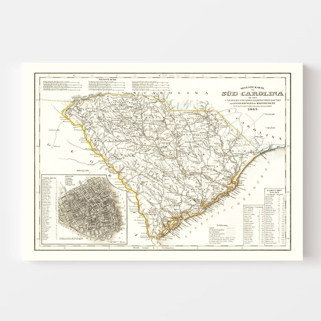 Vintage Map of South Carolina 1845