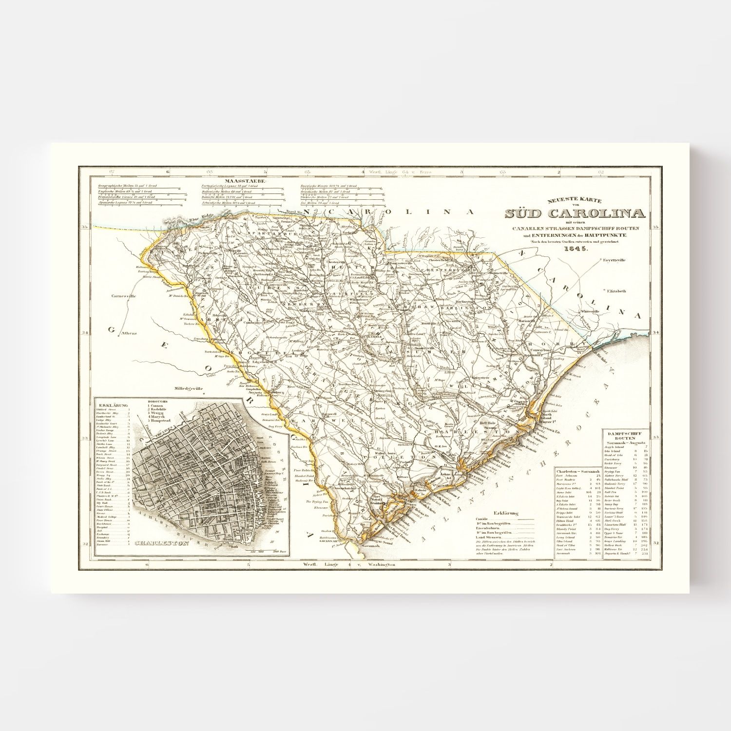 Vintage Map of South Carolina 1845
