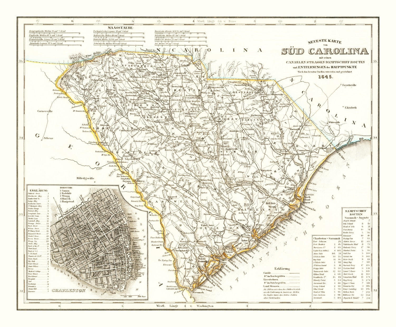 Vintage Map of South Carolina 1845