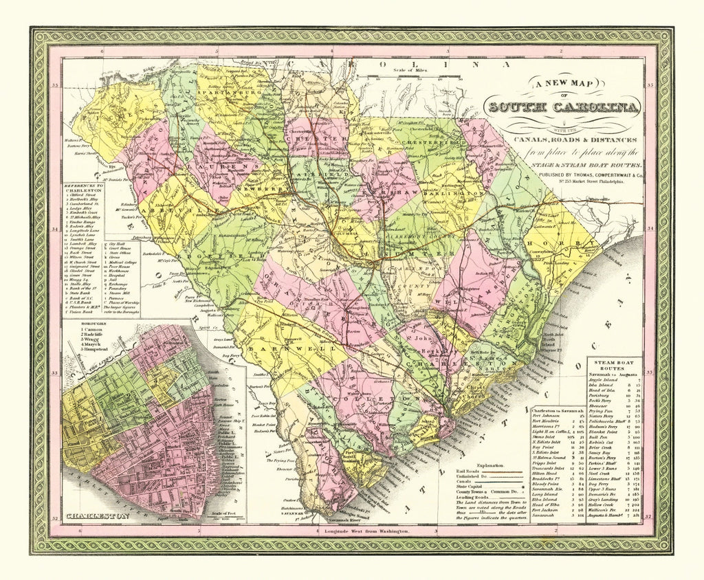 Vintage Map of South Carolina 1854
