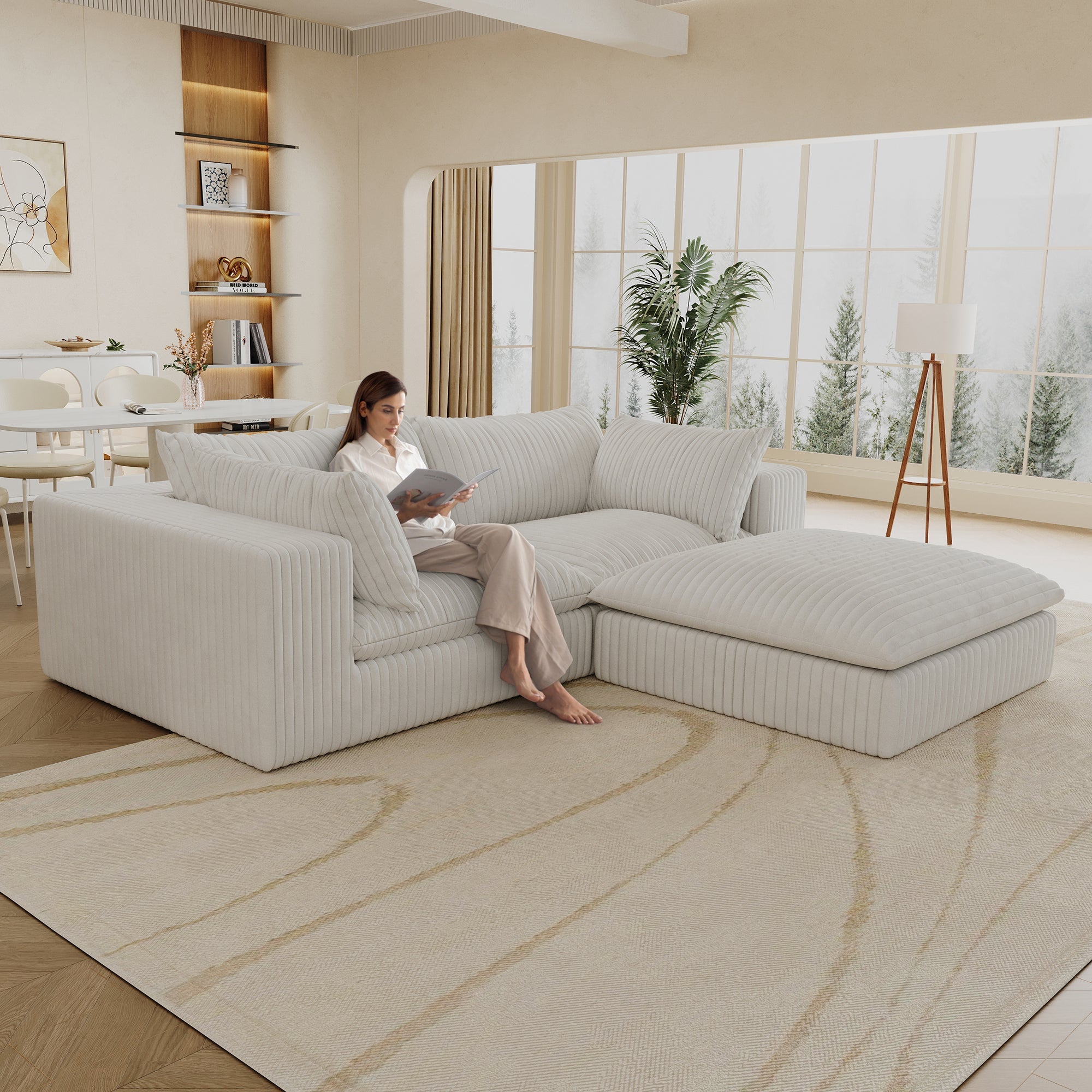 39.8' Cloud Sofa,Corduroy Fabric,Deep Seat Couches,Double-layer design,Removable  Cushion,No Assembly, DIY Combination for Living room, Bedroom,Conference room ,Apartment,White