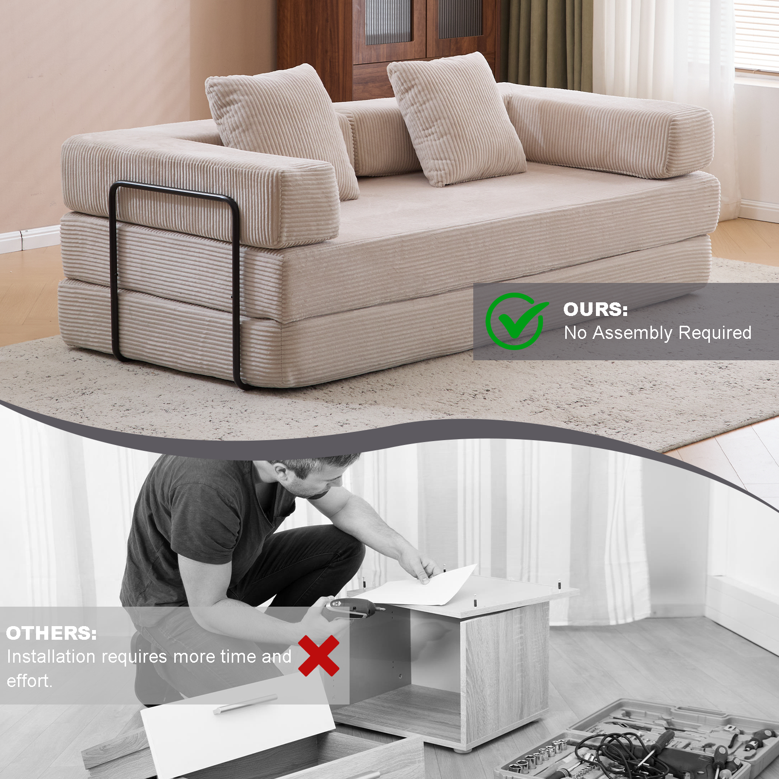 Floor Couch,Compression Sofa,Convertible Floor Sofa Bed-with Pillow Back Support Armrest,Comfy Futon Couch Lounge Sleeper Bed,Corduroy Fabric,for Living Room Bedroom (light grey)