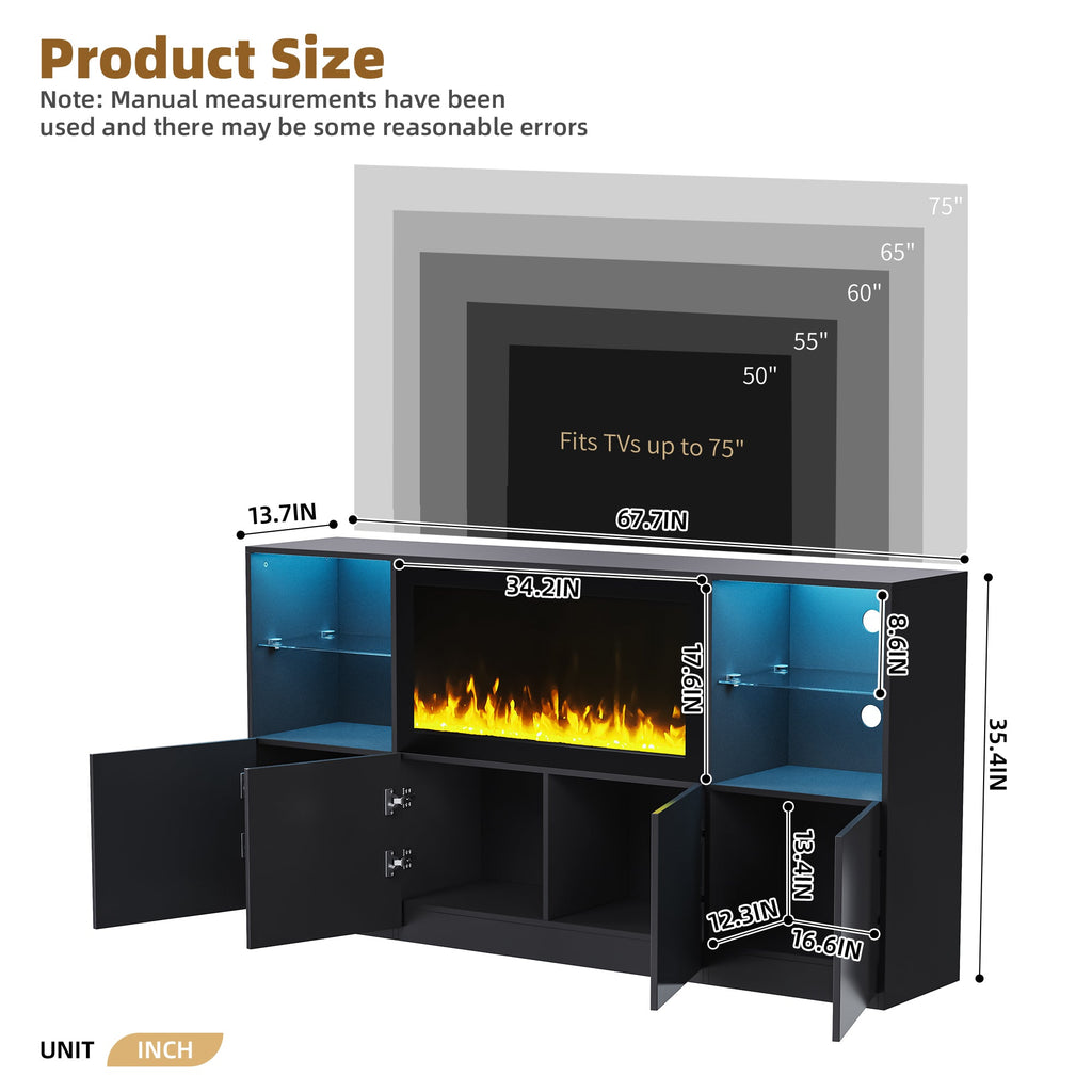 ON-TREND High Gloss TV Stand with 34.2' Non-heating Electric Fireplace, Modern Entertainment Center with LED Light, Media Console with Tempered Glass Shelves for TVs up to 75', Living Room, Black