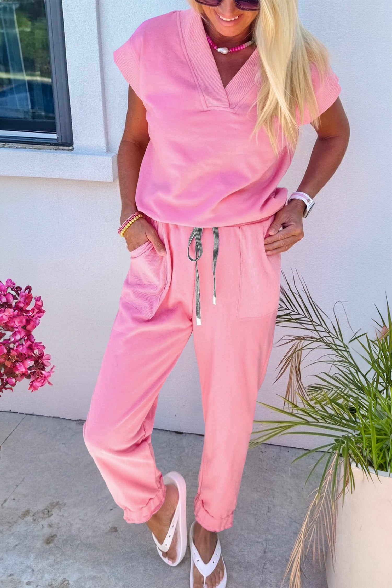 Solid V-Neck Tee & Drawstring Pants Set