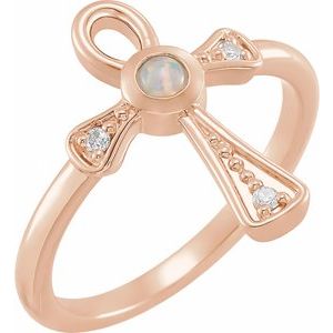 14K Rose Gold Natural Ethiopian Opal & .04 CTW Natural Diamond Ankh Cross Ring
