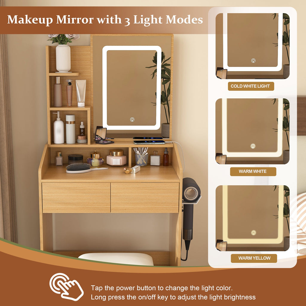 Modern Wood Vanity Table with LED Mirror, Power Outlet, Hairdryer Holder & Padded Stool – Compact Dressing Desk for Small Bedrooms