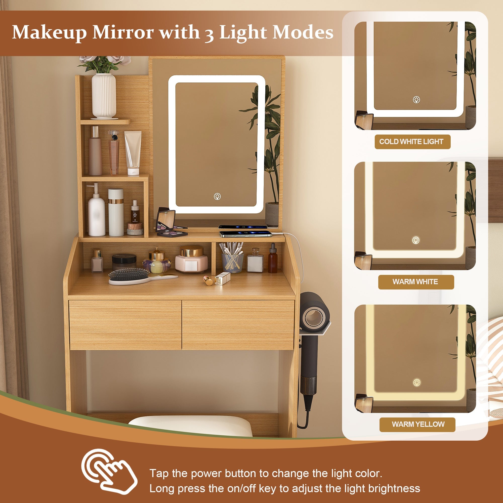 Modern Wood Vanity Table with LED Mirror, Power Outlet, Hairdryer Holder & Padded Stool – Compact Dressing Desk for Small Bedrooms