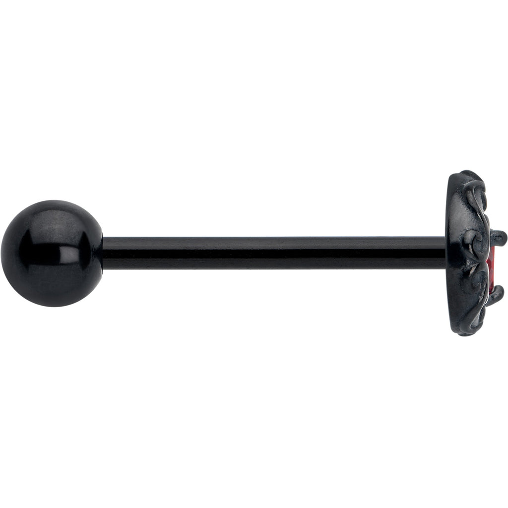 Red CZ Gem Black Scroll Moon Heart Barbell Tongue Ring