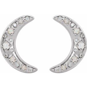 Platinum Natural White Opal & 1/8 CTW Natural Diamond Crescent Moon Earrings – image 2