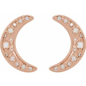 14K Rose Gold Natural White Opal & 1/8 CTW Natural Diamond Crescent Moon Earrings – image 2