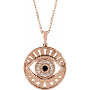 14K Rose Gold Natural Black Onyx & 1/6 CTW Natural Diamond Evil Eye 16-18" Necklace