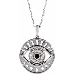 Platinum Natural Black Onyx & 1/6 CTW Natural Diamond Evil Eye 16-18" Necklace