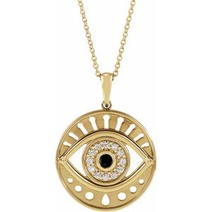 14K Yellow Gold Natural Black Onyx & 1/6 CTW Natural Diamond Evil Eye 16-18" Necklace