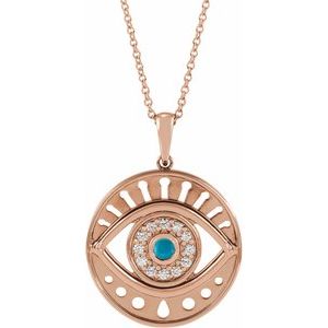 14K Rose Gold Natural Turquoise & 1/6 CTW Natural Diamond Evil Eye 16-18" Necklace