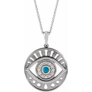 14K White Gold Natural Turquoise & 1/6 CTW Natural Diamond Evil Eye 16-18" Necklace