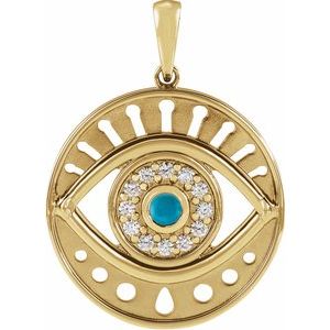 14K Yellow Gold Natural Turquoise & 1/6 CTW Natural Diamond Evil Eye Pendant