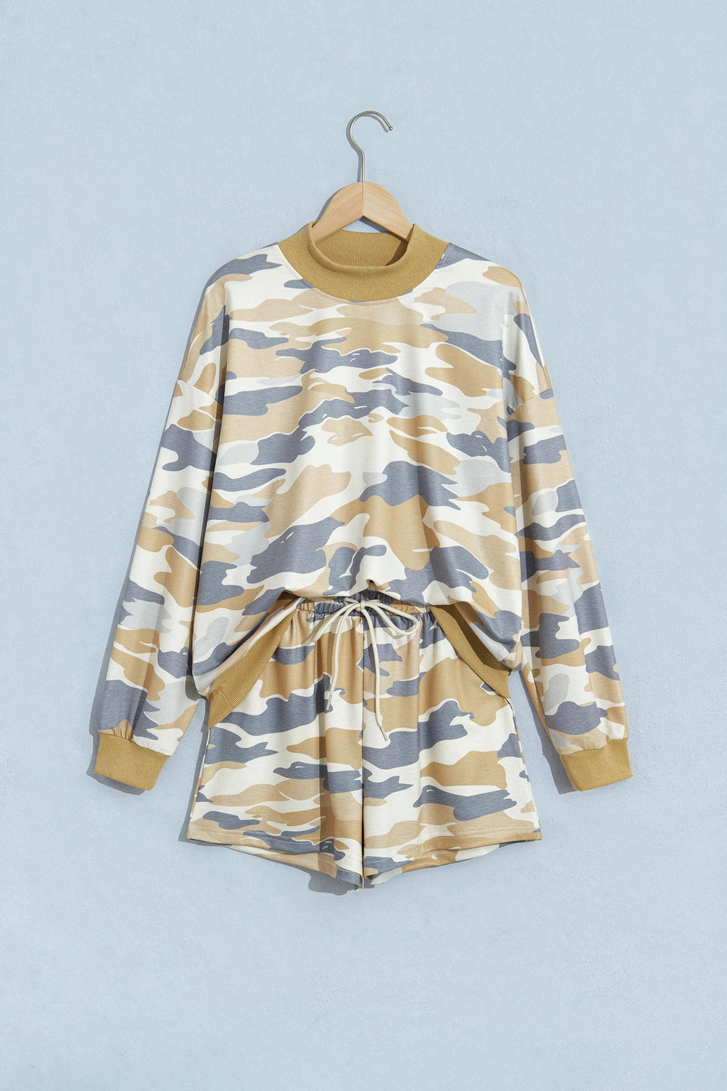 Camo Mock Neck Long Sleeve Top & Shorts Set