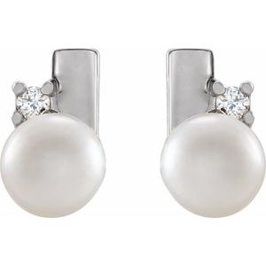 Sterling Silver Cultured White Akoya Pearl & .03 CTW Natural Diamond Geometric Earrings