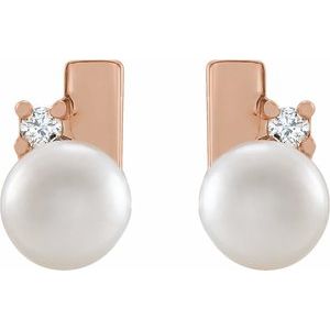 14K Rose Gold Cultured White Akoya Pearl & .03 CTW Natural Diamond Geometric Earrings
