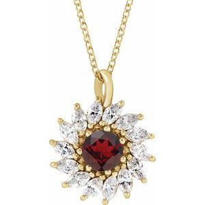 14K Yellow Gold Natural Mozambique Garnet & 5/8 CTW Natural Diamond Halo-Style 16-18" Necklace