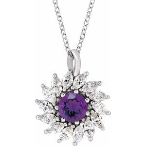 Sterling Silver Natural Amethyst & 1/2 CTW Natural Diamond Halo-Style 16-18" Necklace