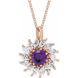 14K Rose Gold  Natural Amethyst & 5/8 CTW Natural Diamond Halo-Style 16-18" Necklace