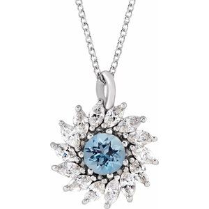 Sterling Silver Natural Aquamarine & 5/8 CTW Natural Diamond Halo-Style 16-18" Necklace