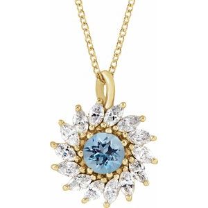 14K Yellow Gold Natural Aquamarine & 1/2 CTW Natural Diamond Halo-Style 16-18" Necklace