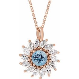 14K Rose Gold Natural Aquamarine & 5/8 CTW Natural Diamond Halo-Style 16-18" Necklace