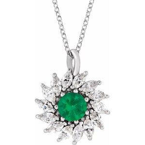 Sterling Silver Lab-Grown Emerald & 35/8 CTW Natural Diamond Halo-Style 16-18" Necklace