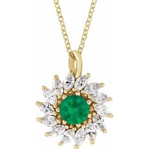 14K Yellow Gold Lab-Grown Emerald & 5/8 CTW Natural Diamond Halo-Style 16-18" Necklace