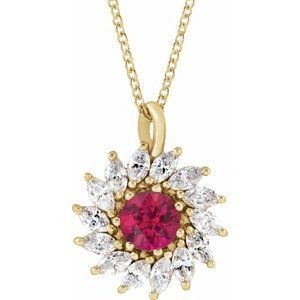 14K Yellow Gold Lab-Grown Ruby & 1/2 CTW Natural Diamond Halo-Style 16-18" Necklace