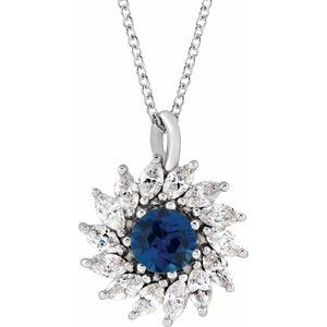 Platinum Lab-Grown Blue Sapphire & 5/8 CTW Natural Diamond Halo-Style 16-18" Necklace