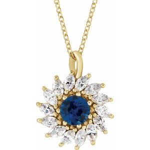 14K Yellow Gold Natural Blue Sapphire & 5/8 CTW Natural Diamond Halo-Style 16-18" Necklace