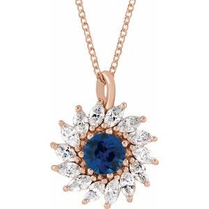 14K Rose Gold Natural Blue Sapphire & 5/8 CTW Natural Diamond Halo-Style 16-18" Necklace