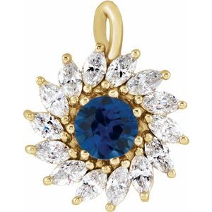 14K Yellow Gold Lab-Grown Blue Sapphire & 1/2 CTW Natural Diamond Halo-Style Pendant