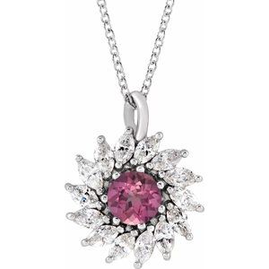 Platinum Natural Pink Tourmaline & 5/8 CTW Natural Diamond Halo-Style 16-18" Necklace